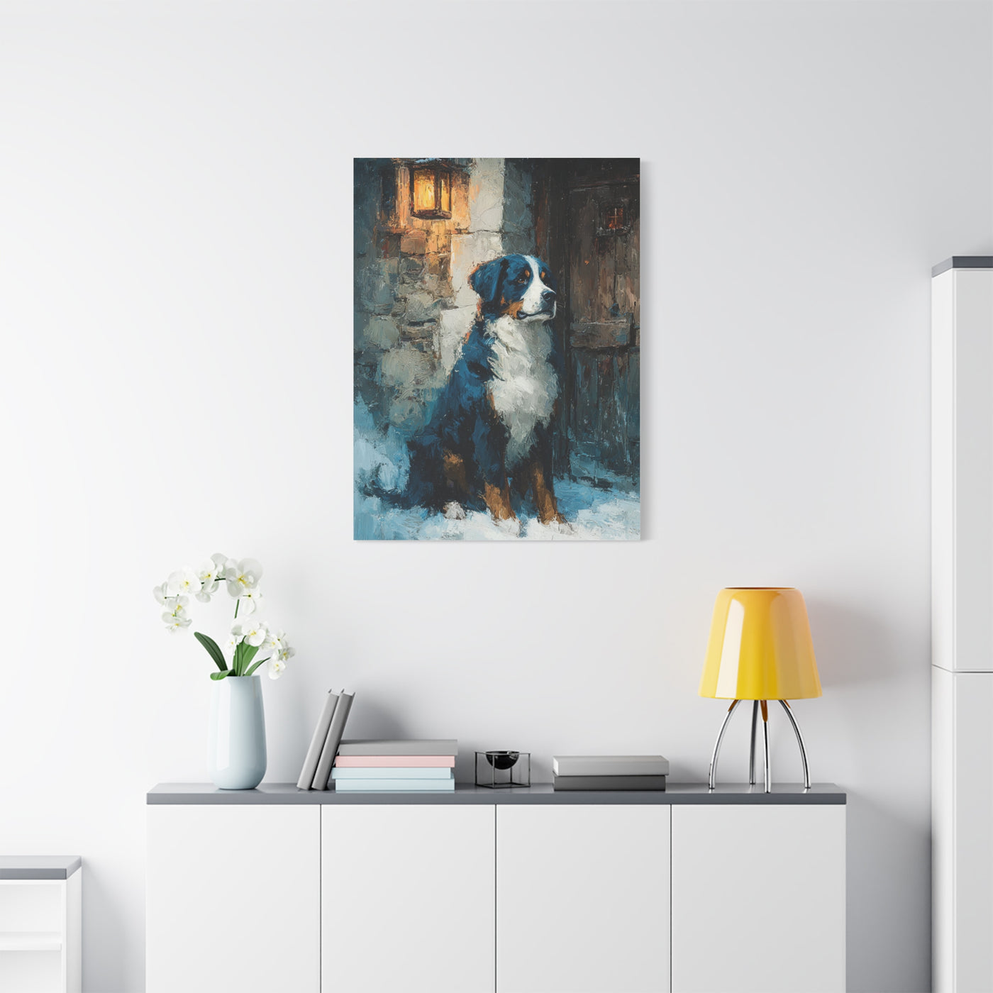 Bernese Mountain Dog Winter Chalet Wall Art & Canvas Print