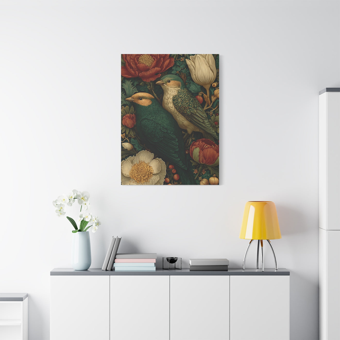 Green Botanical Songbird Pattern Wall Art & Canvas Print