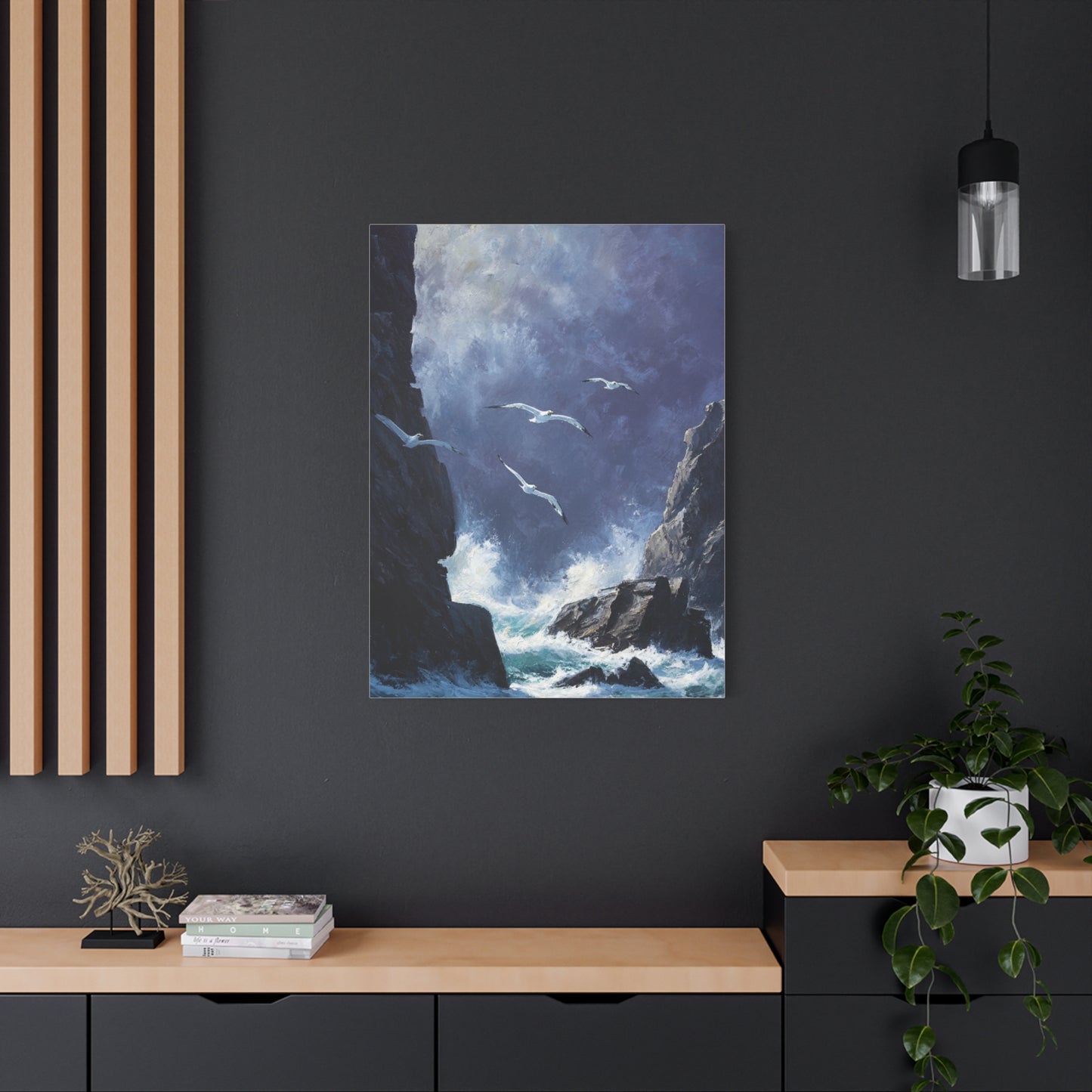 Seagulls Flying Above Crashing Coastal Waves Wall Art & Canvas Print