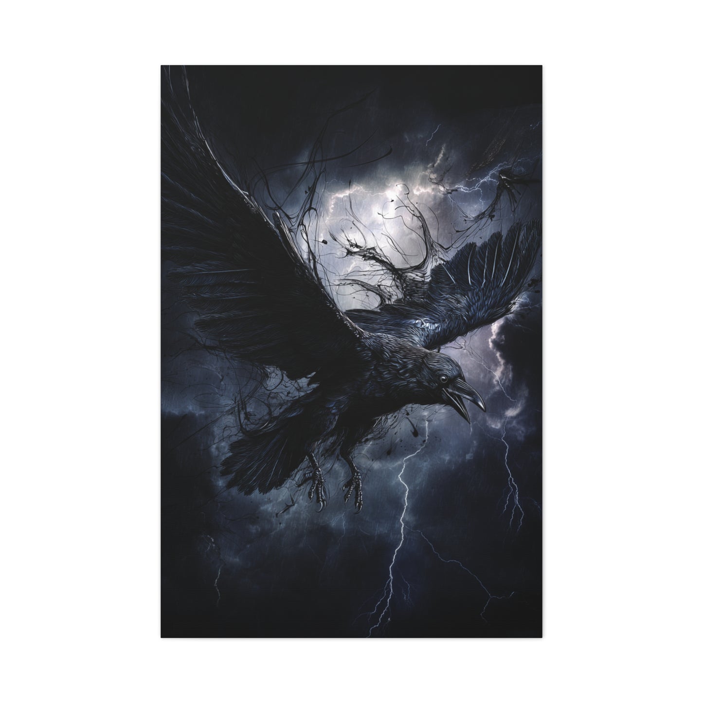 Raven Flying Through Storm Lightning Wall Art & Canvas Print