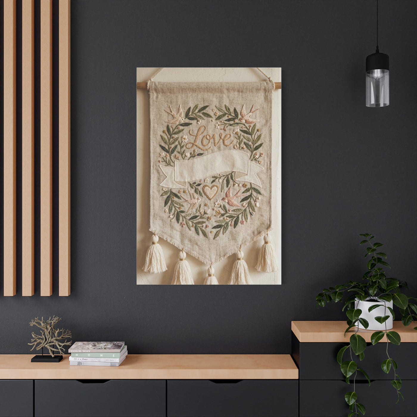 Bohemian Love Embroidered Textile Banner Wall Art & Canvas Print