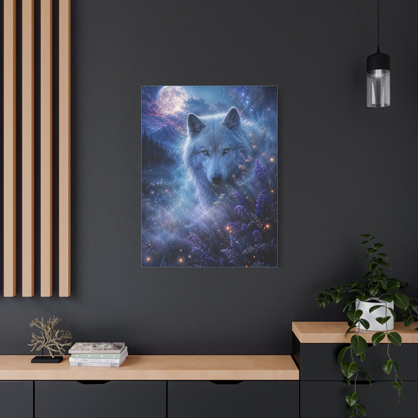 Moonlit White Wolf Portrait Wilderness Scene Wall Art & Canvas Print
