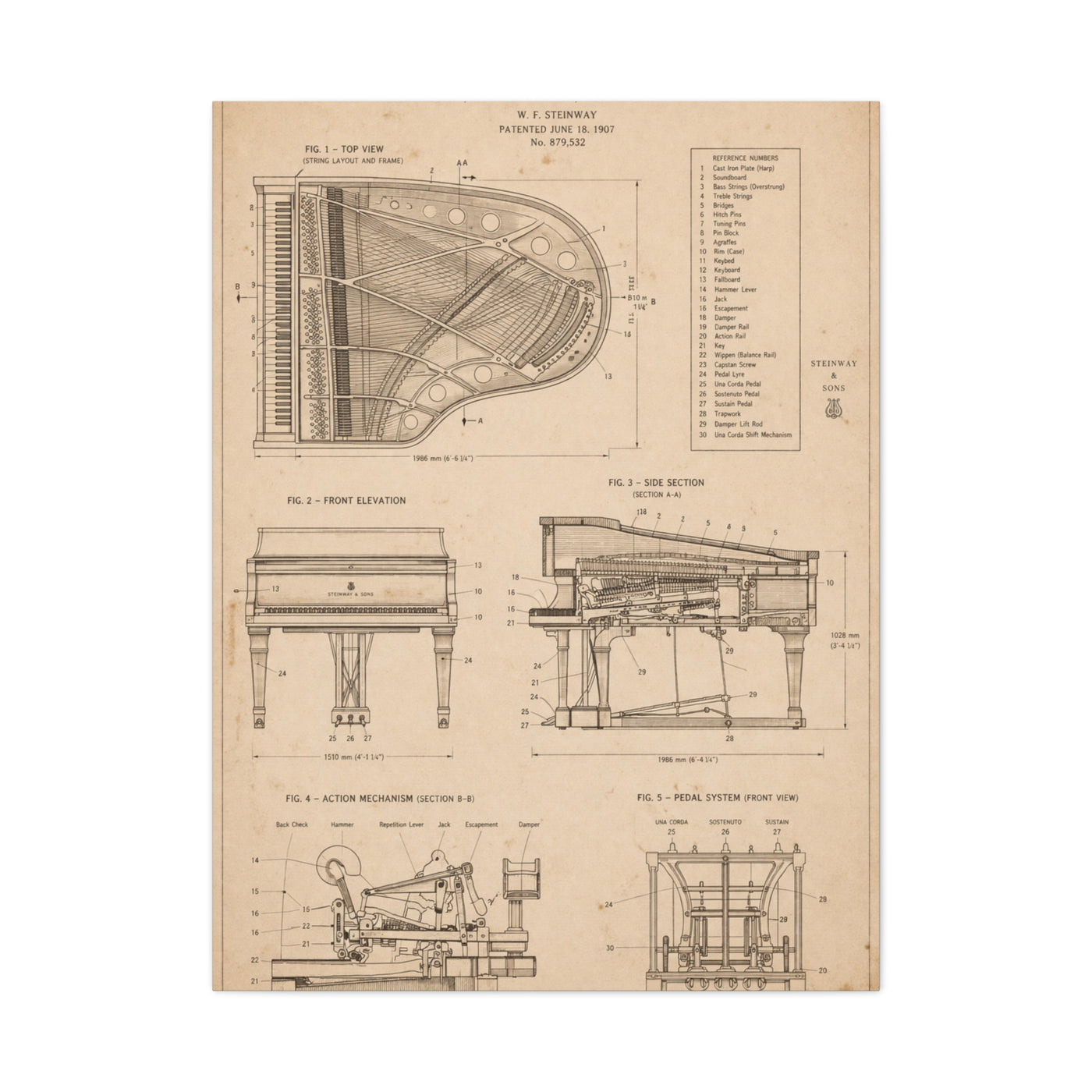 Steinway Grand Piano Technical Diagram Wall Art & Canvas Print