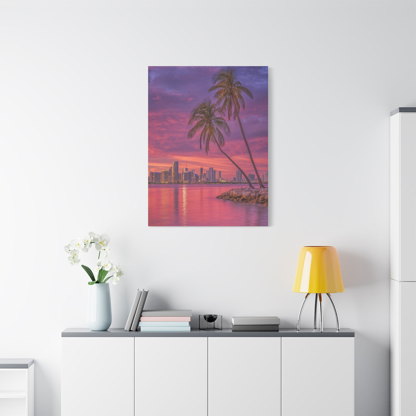 Miami Skyline Tropical Sunset With Palm Trees Wall Art & Canvas Print
