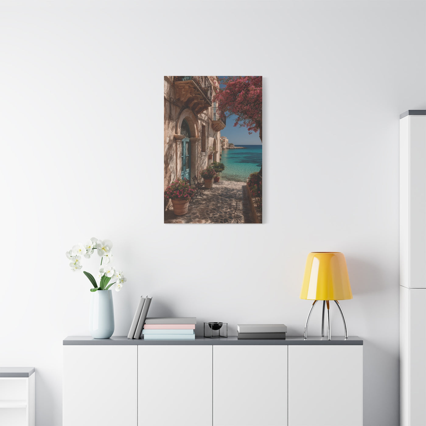 Sicilian Coastal Balcony Scene Wall Art & Canvas Print