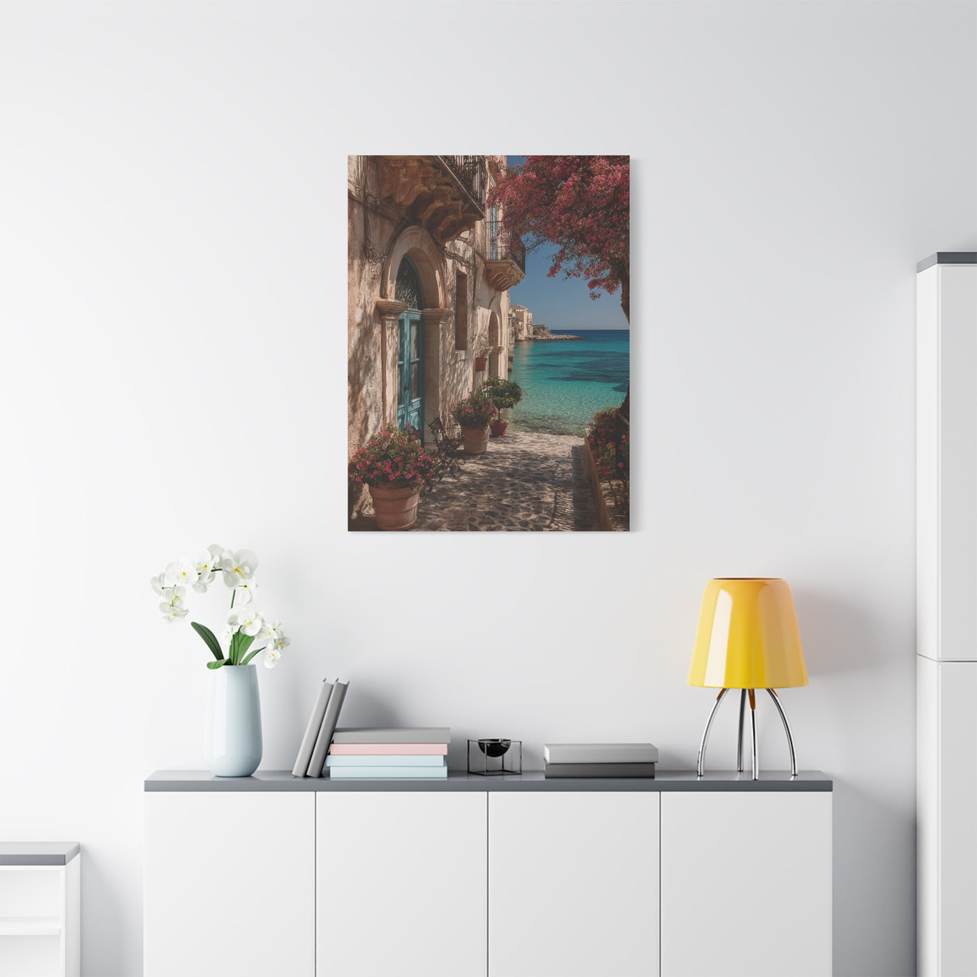 Sicilian Coastal Balcony Scene Wall Art & Canvas Print