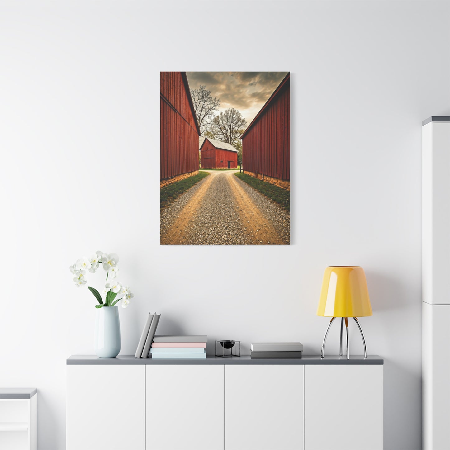 Country Lane Between Red Barns Wall Art & Canvas Prints
