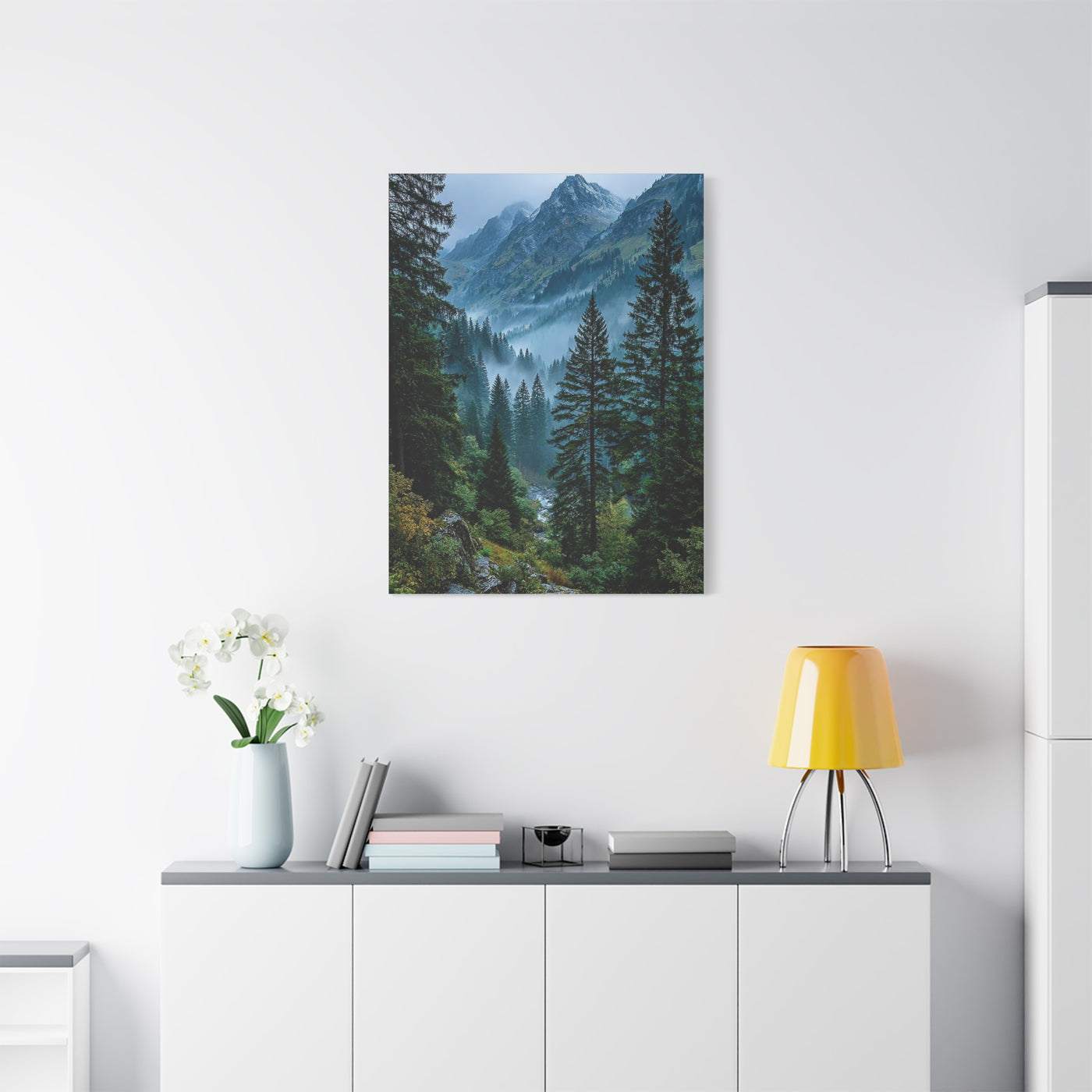 Misty Alpine Forest Valley Wall Art & Canvas Print
