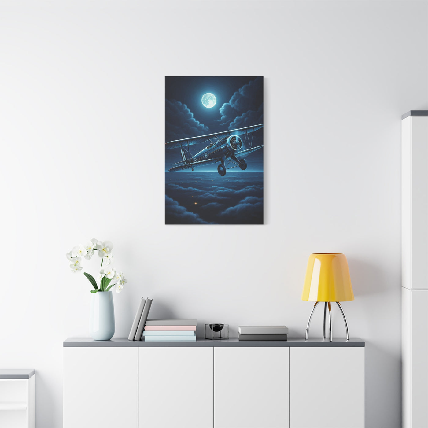 Moonlit Midnight Flight Biplane Wall Art & Canvas Prints