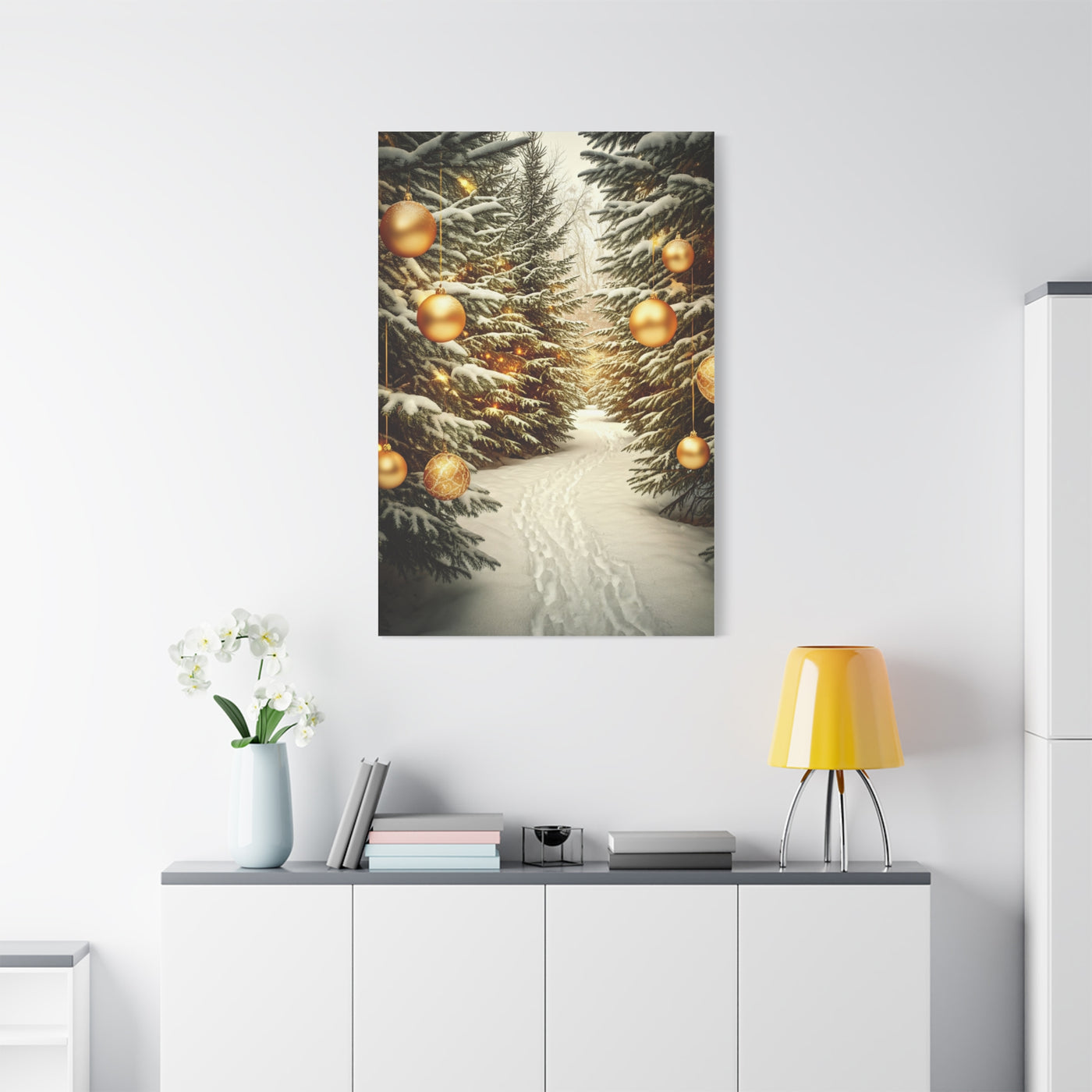 Snowy Pine Path With Golden Christmas Ornaments Wall Art & Canvas Print