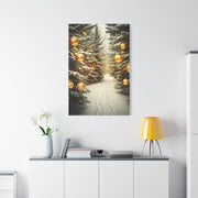 Snowy Pine Path With Golden Christmas Ornaments Wall Art & Canvas Print
