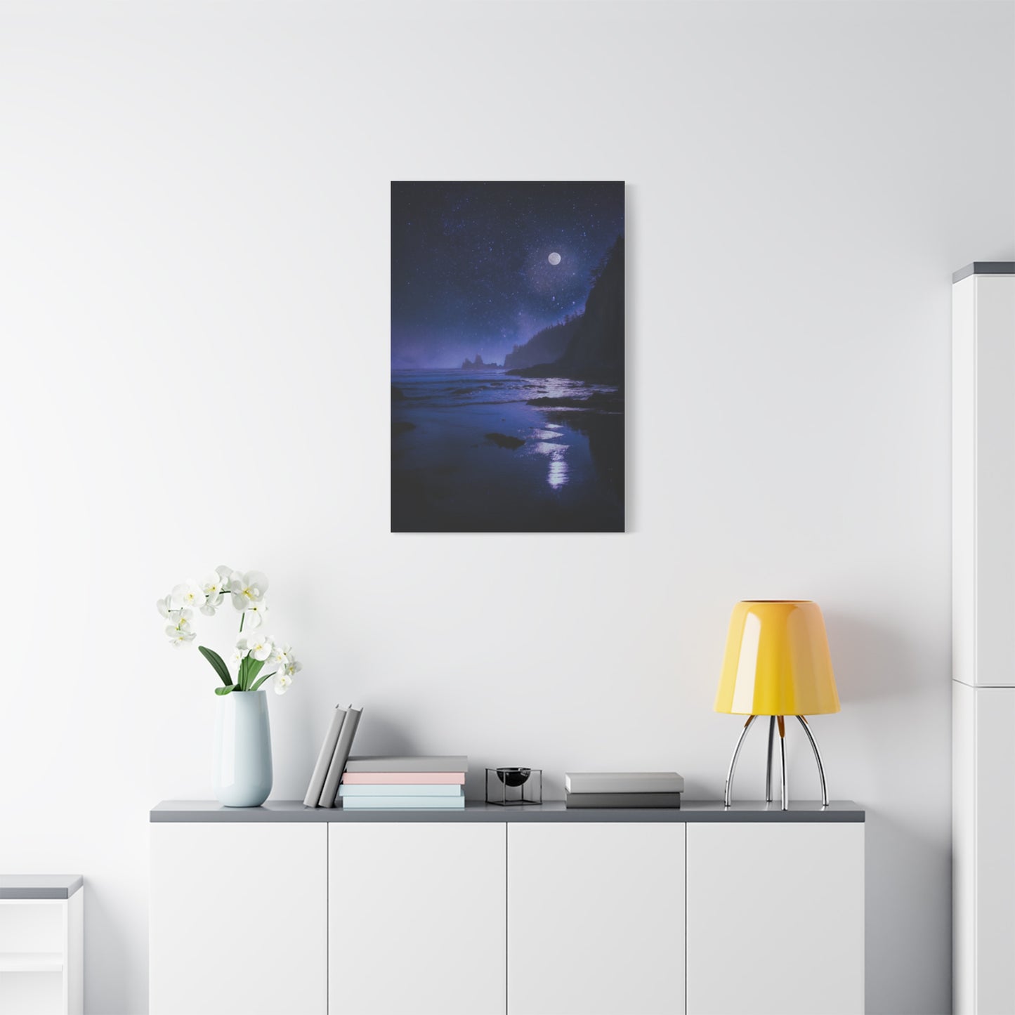Moonlit Starry Coastline Wall Art & Canvas Print