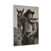 Black & White Cowgirl Portrait with Horse Wall Art & Canvas Print