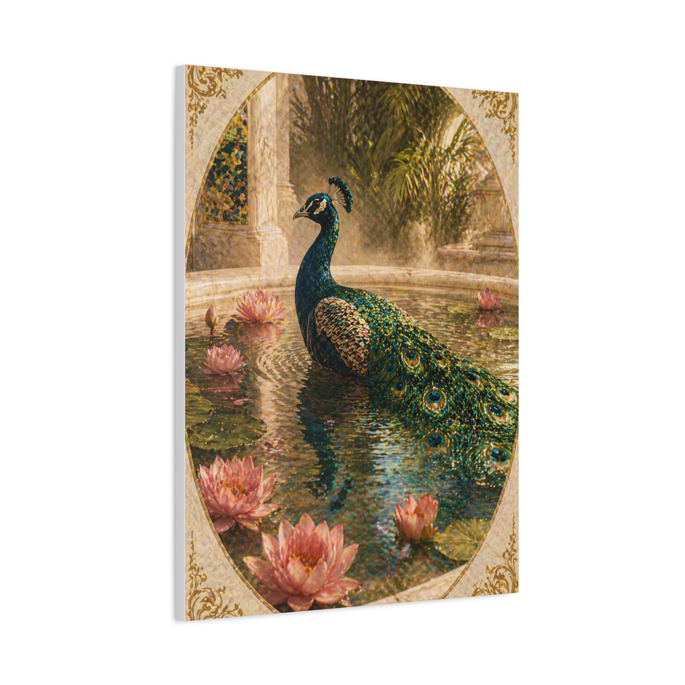 Lotus Pool Peacock Reflection Wall Art & Canvas Print