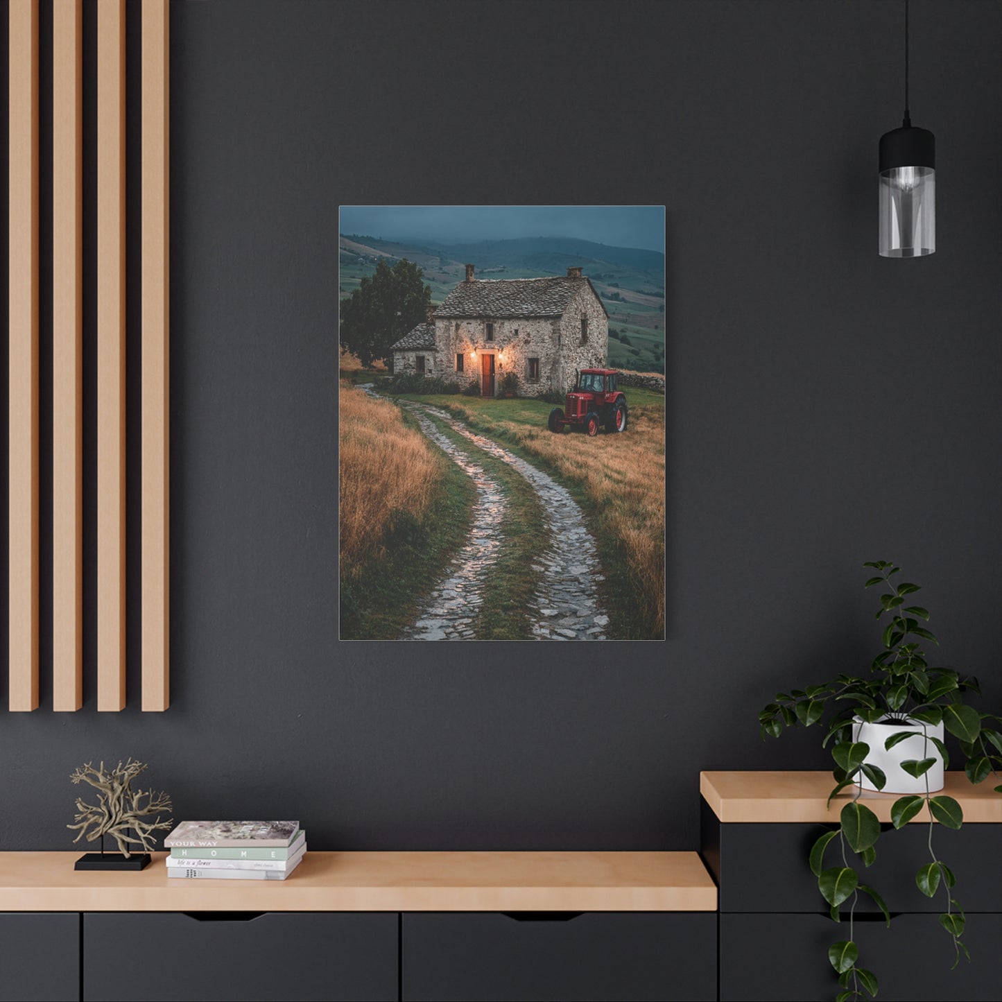 Stone Farmhouse with Red Tractor Landscape Wall Art & Canvas Print
