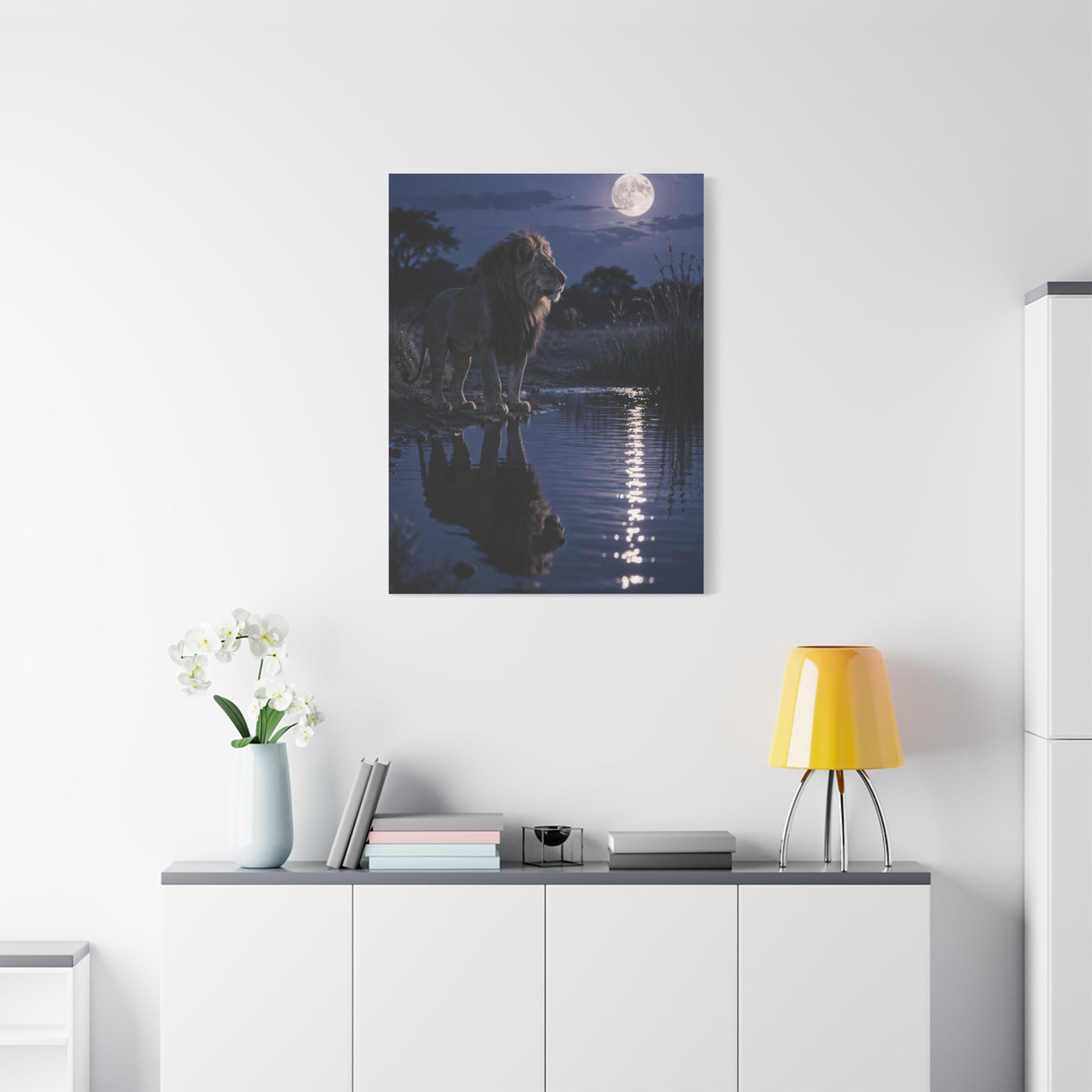 Lion by Moonlit Water Reflection Wall Art & Canvas Print