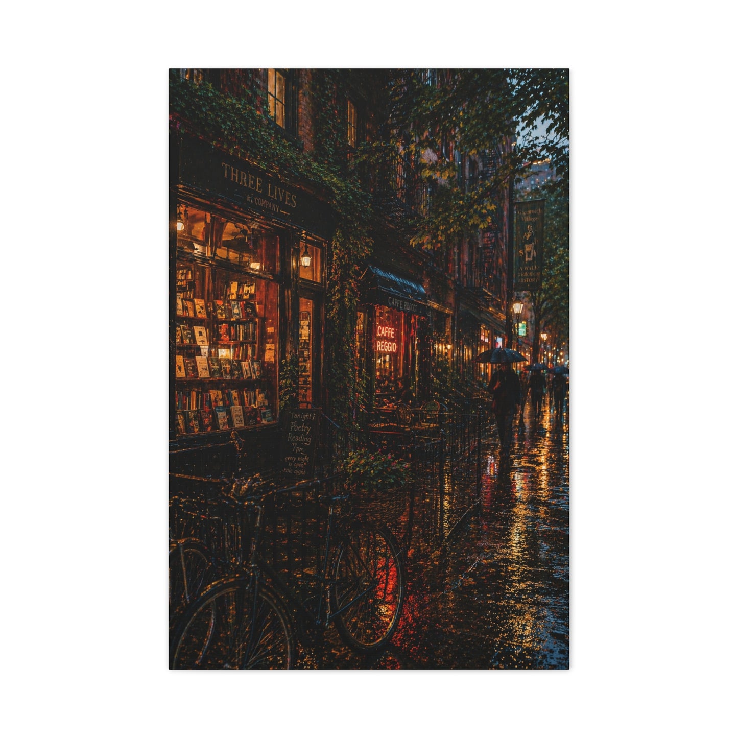 Greenwich Village Rainy Bookstore Scene Wall Art & Canvas Print