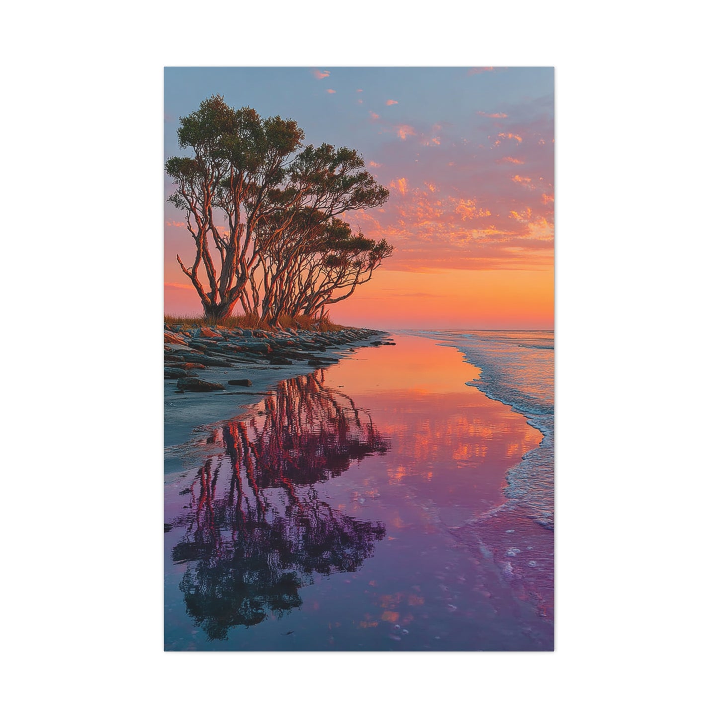 Driftwood Coastal Reflection Sunrise Wall Art & Canvas Print
