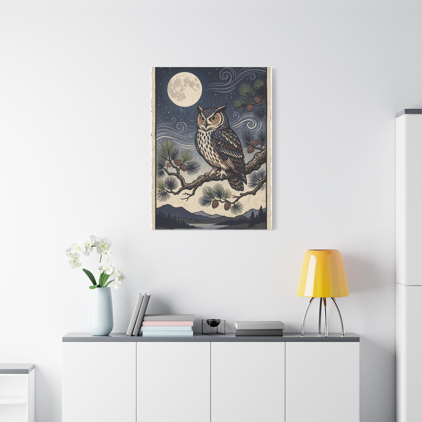 Vintage Moonlit Owl Woodblock Wall Art & Canvas Print