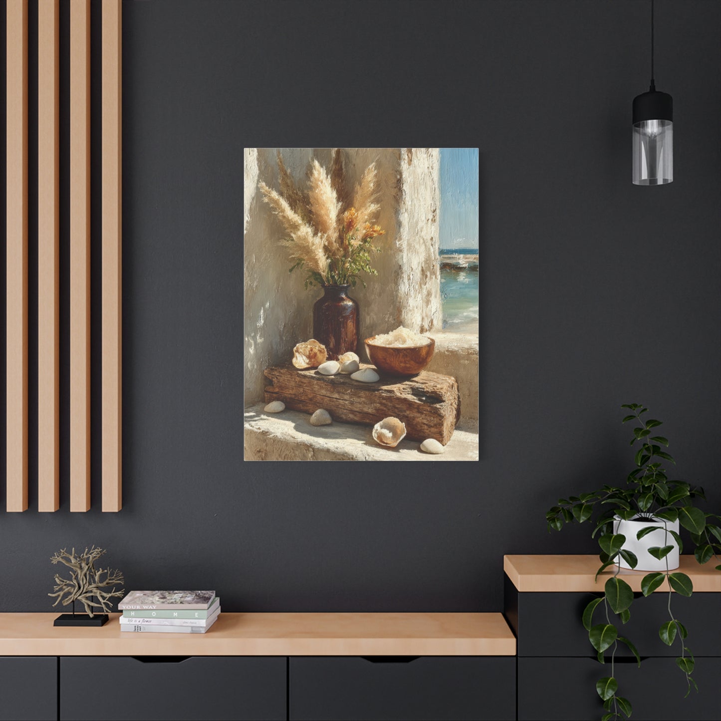 Driftwood Coastal Still Life with Pampas Wall Art & Canvas Print