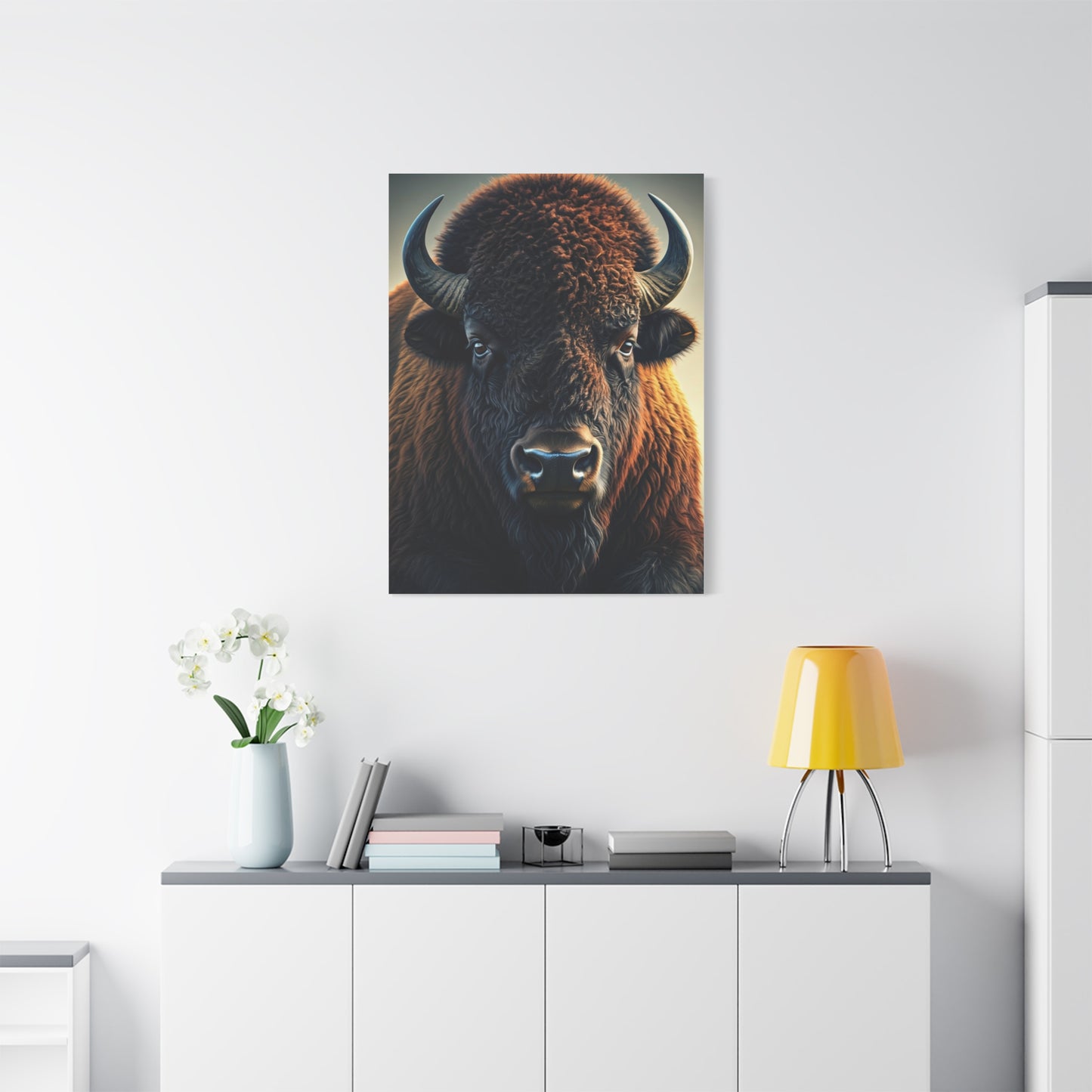 Classic Frontal American Bison Portrait with Soft Neutral Backdrop Wall Art & Canvas Print