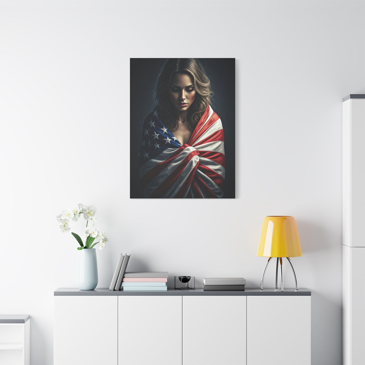 Woman Draped in American Flag Reflection Wall Art & Canvas Prints