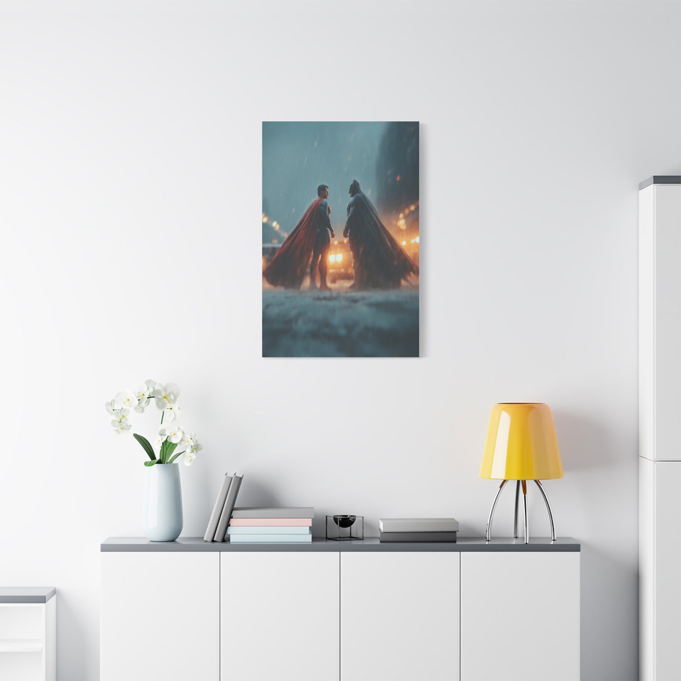 Batman vs Superman Rainy Gotham Clash Poster Wall Art & Canvas Print