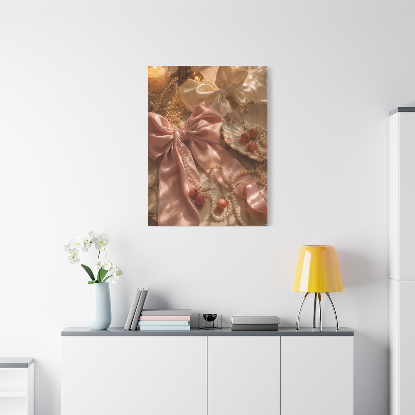 Coquette Silk Bow & Pearl Still Life Wall Art & Canvas Print