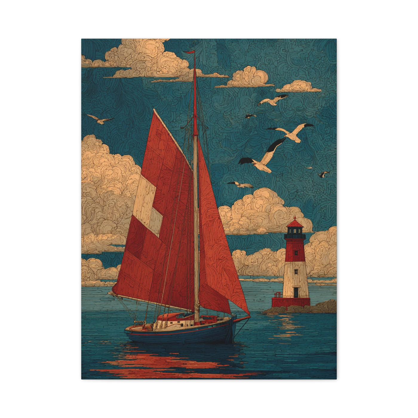 Primitive Coastal Sailboat Folk Wall Art & Canvas Print