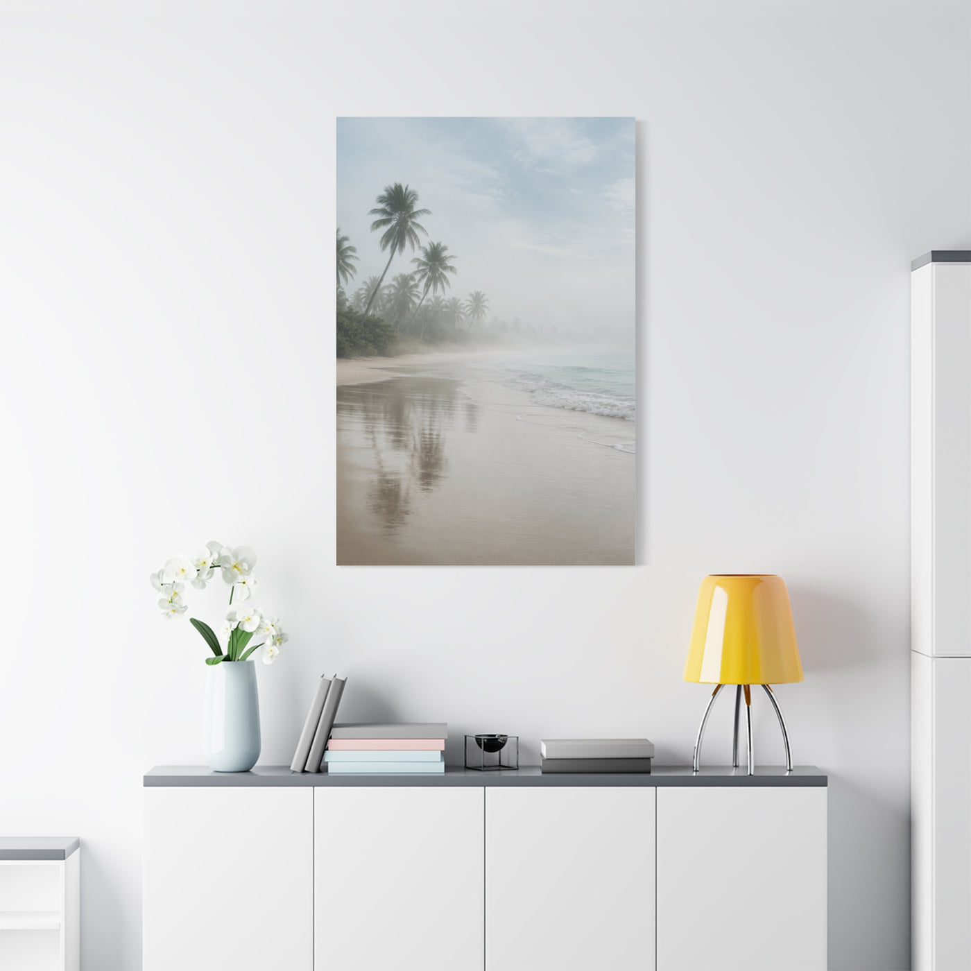 Misty Coastal Palm Shoreline Minimal Tropical Wall Art & Canvas Print