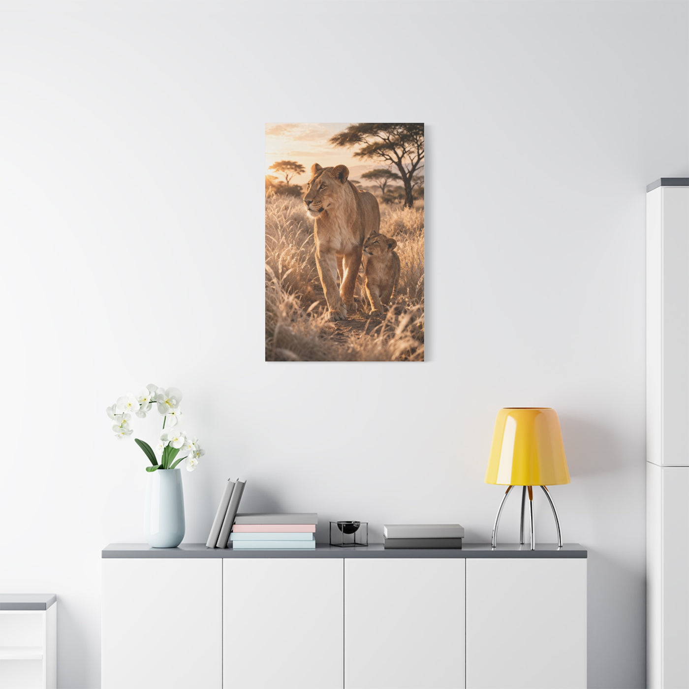 Lioness and Cub Golden Walk Wall Art & Canvas Print