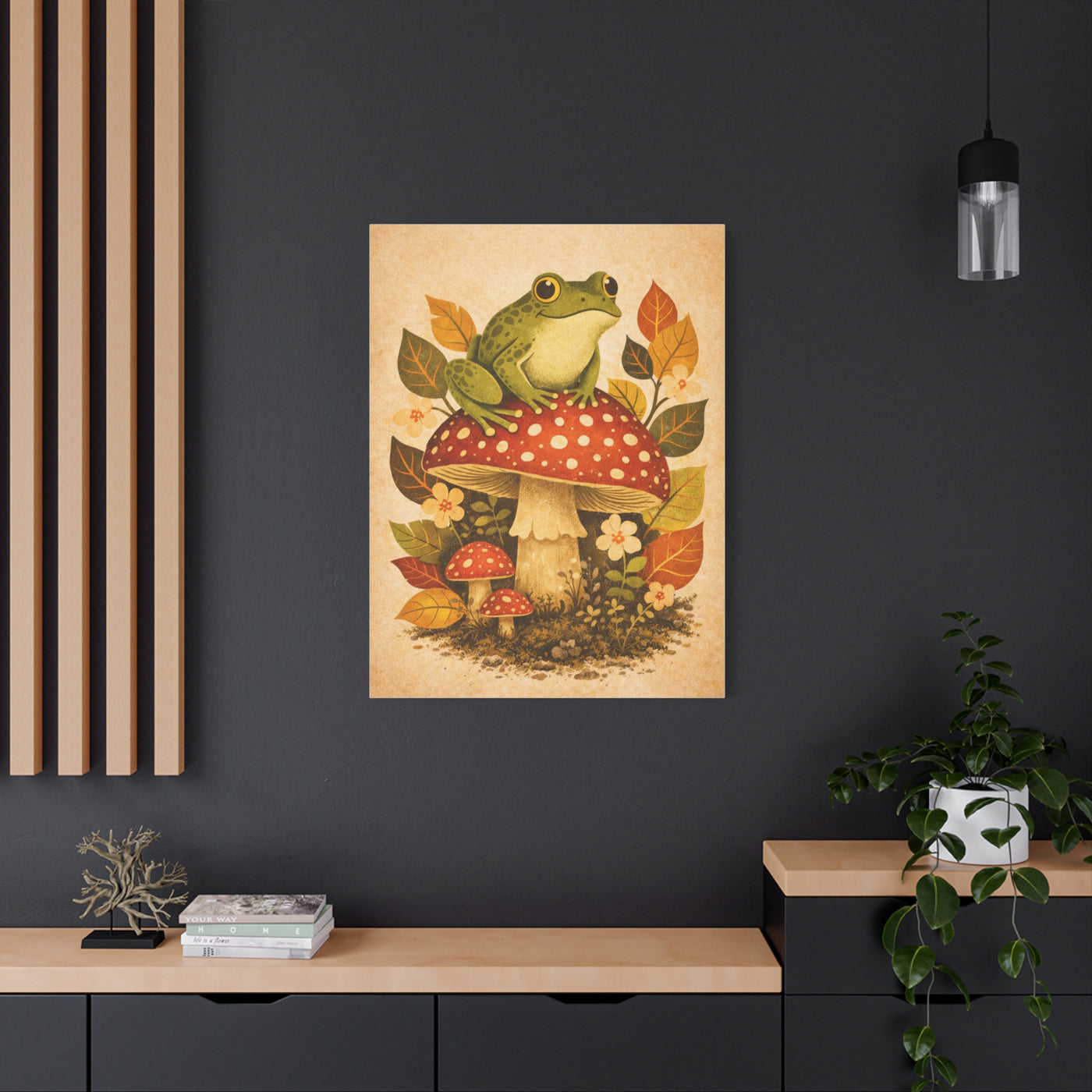 Whimsical Retro Frog and Mushroom Composition Wall Art & Canvas Print