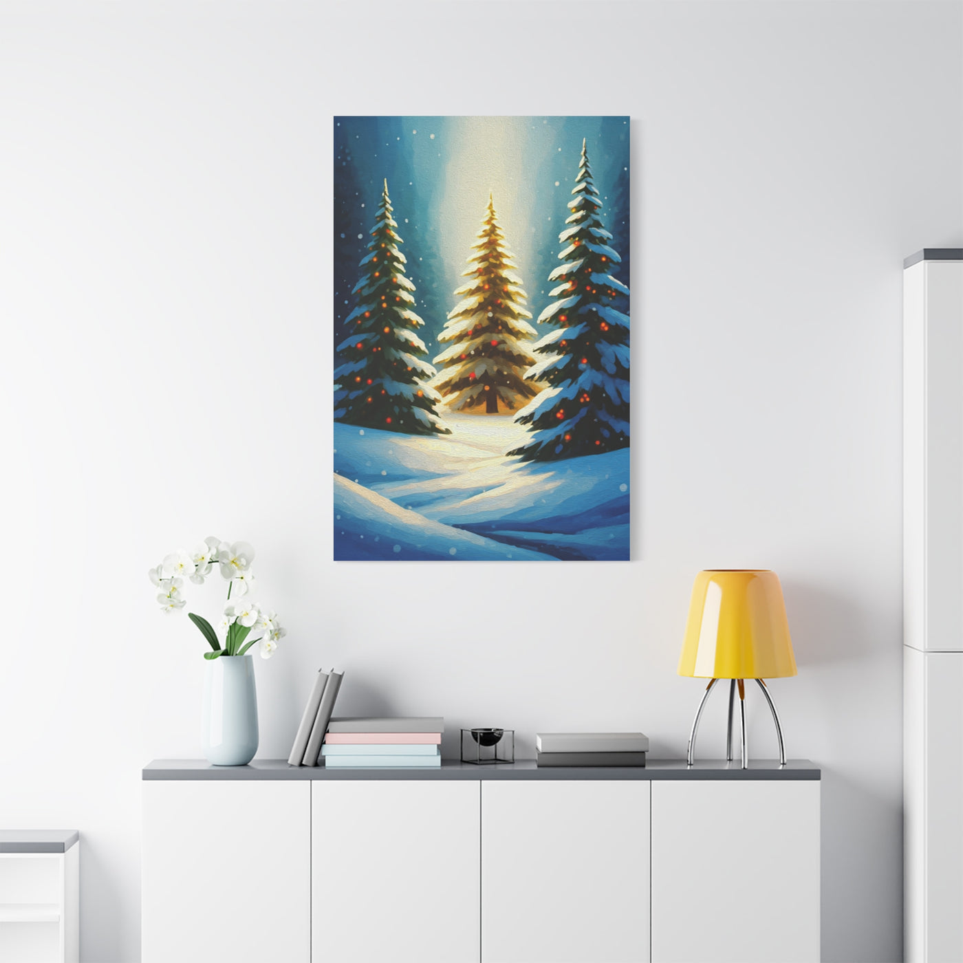 Impressionist Christmas Pine Forest with Falling Snow Wall Art & Canvas Print