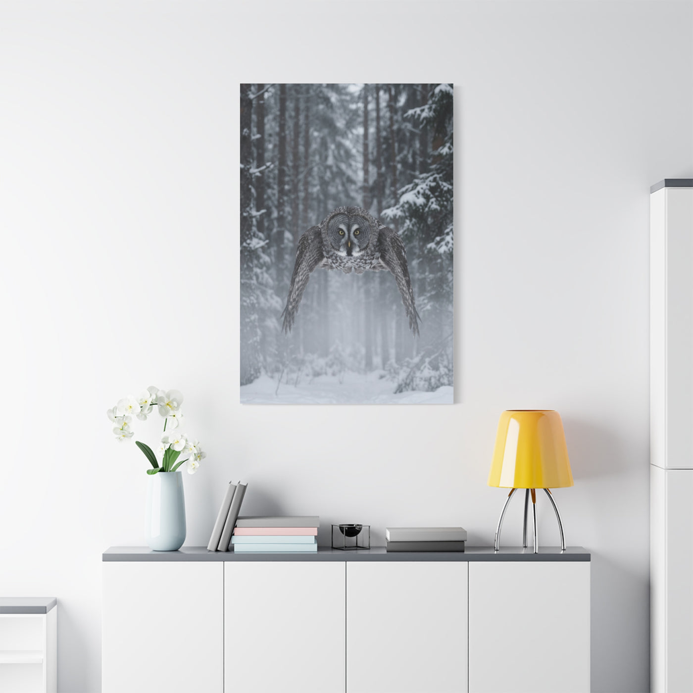 Great Grey Owl Winter Flight Wall Art & Canvas Print