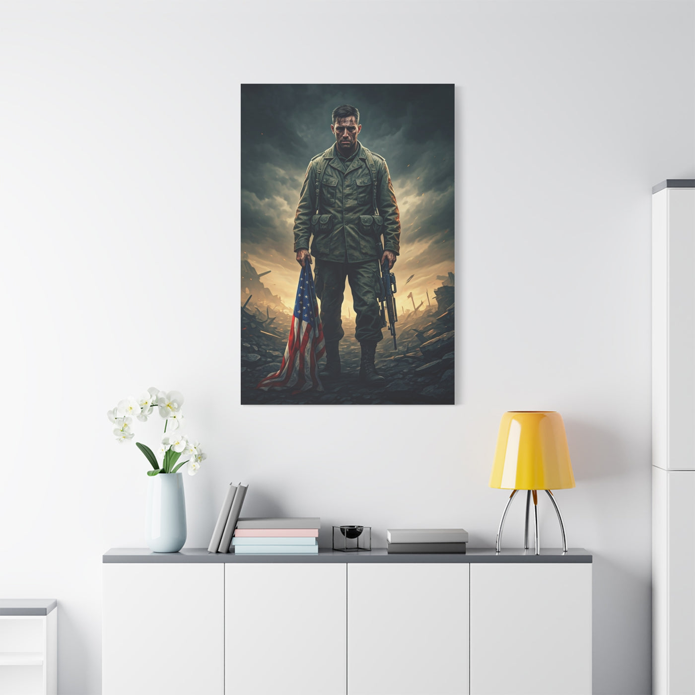 Soldier Standing With Flag of Courage Wall Art & Canvas Prints