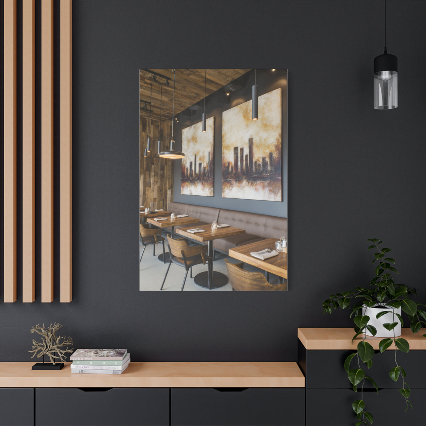 Elegant City Skyline Café Interior Wall Art & Canvas Print