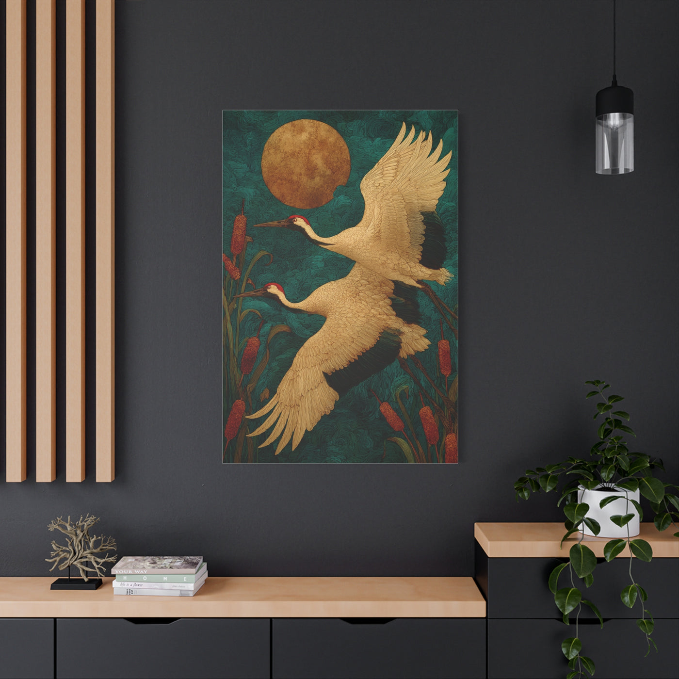 Golden Moon & Green Sky Crane Flight Wall Art & Canvas Print