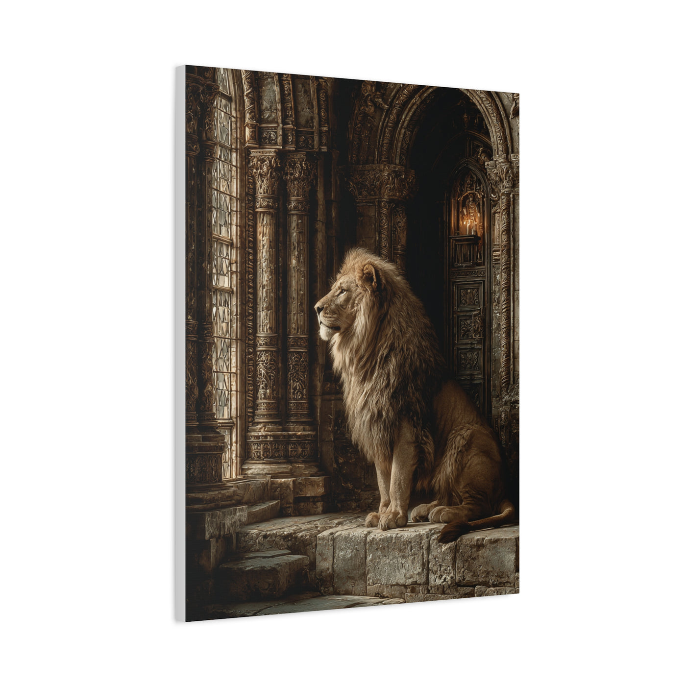 Lion in Ancient Stone Hall Royal Guardian Wall Art & Canvas Print