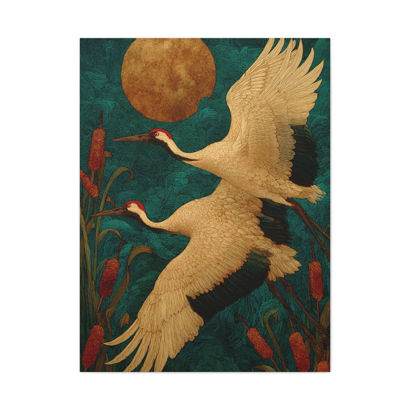 Golden Moon & Green Sky Crane Flight Wall Art & Canvas Print