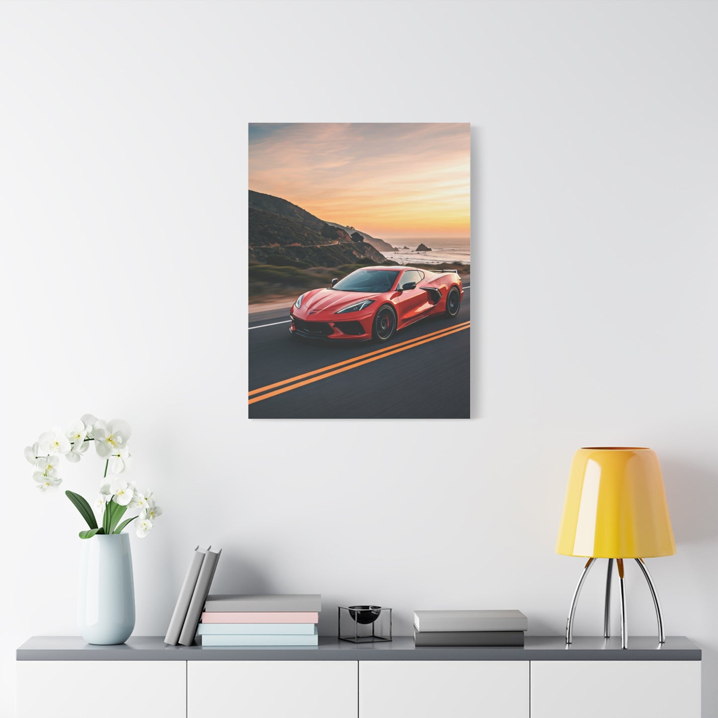 Chevrolet Corvette C8 Sunset Cliffside Drive Wall Art & Canvas Prints