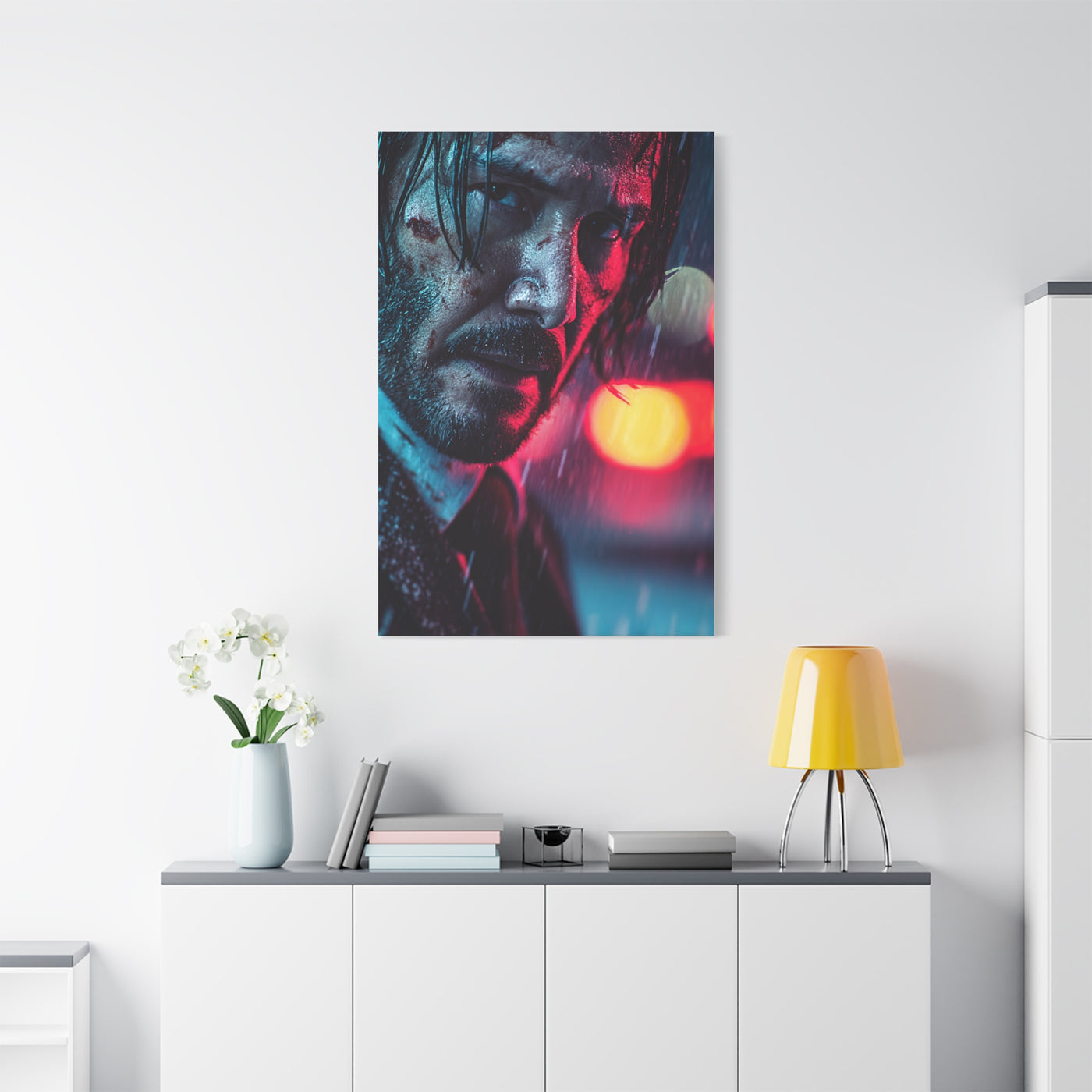 John Wick Neon Rain Close-Up Movie Poster Wall Art & Canvas Print