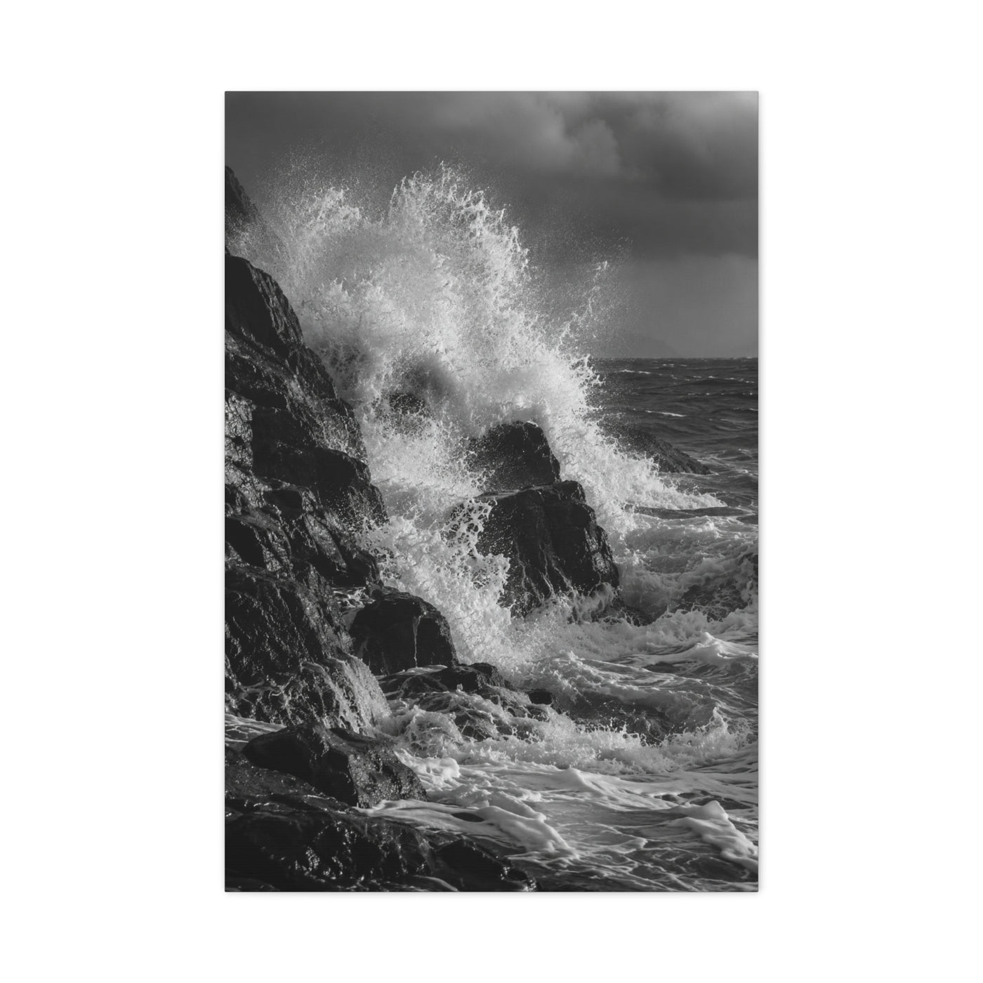 Monochrome Ocean Impact Rock Scene Wall Art & Canvas Print