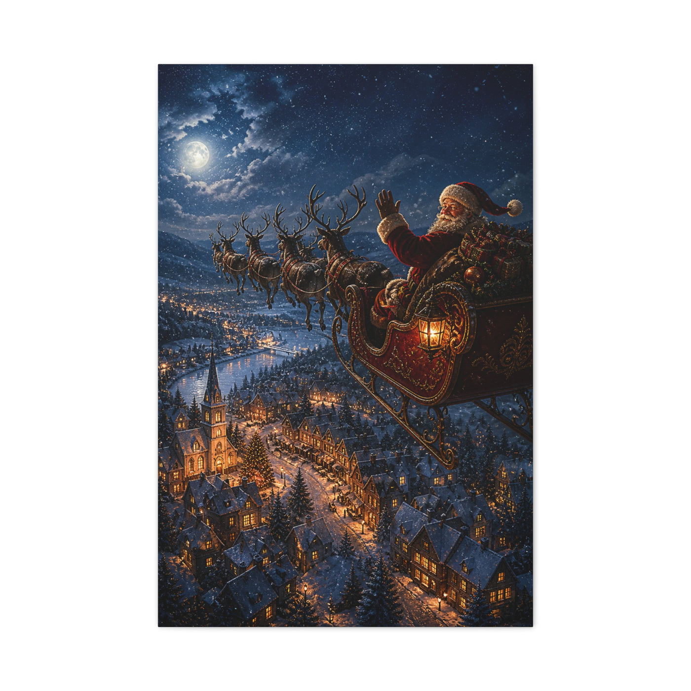 Santa Sleigh Flight Over Snowy Village Wall Art & Canvas Print
