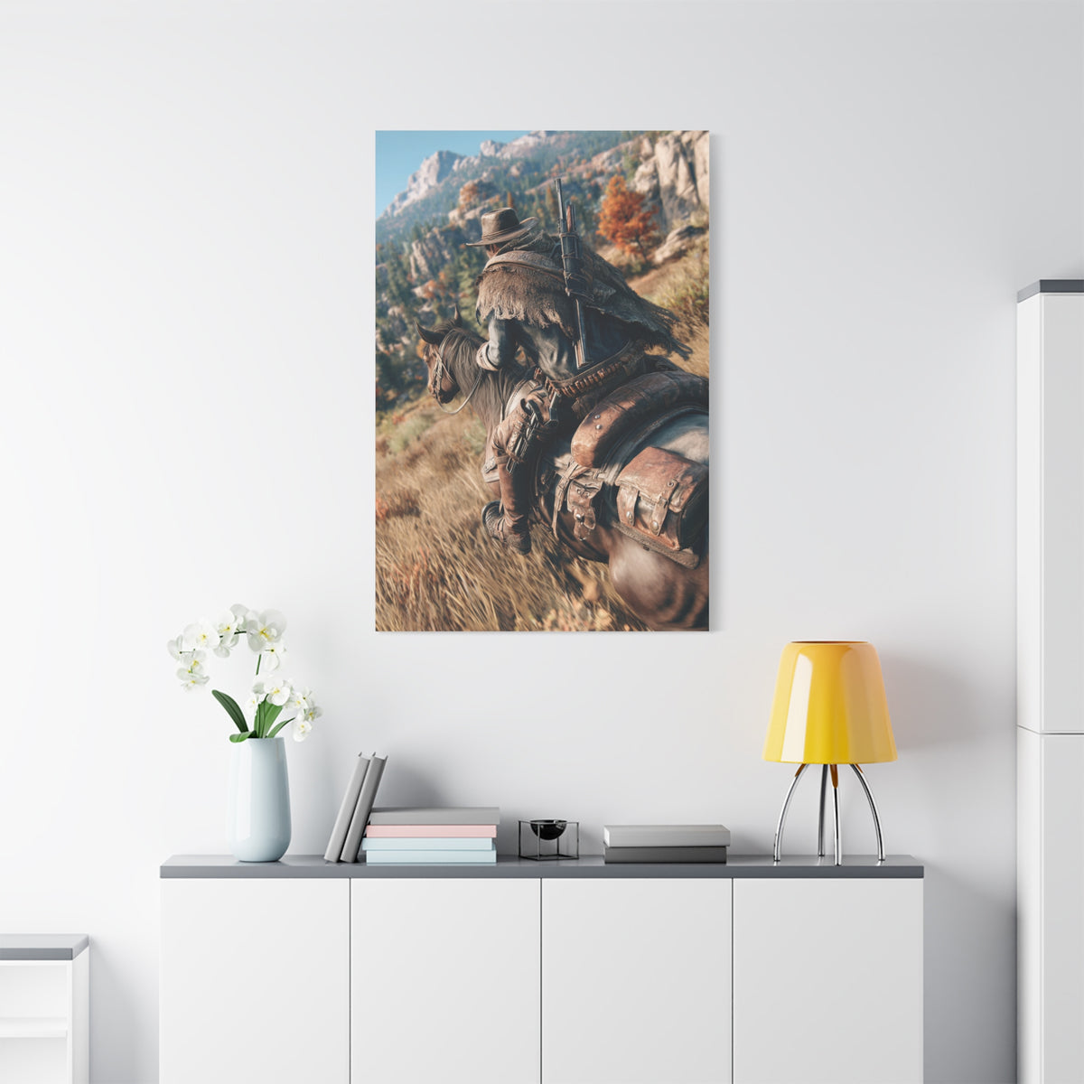 Cowboy Riding Through Mountain Canyon Wall Art & Canvas Print
