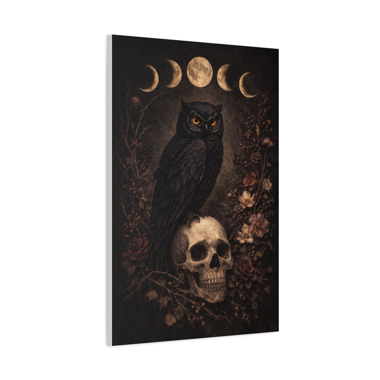 Gothic Moon Phase Owl Skull Wall Art & Canvas Print