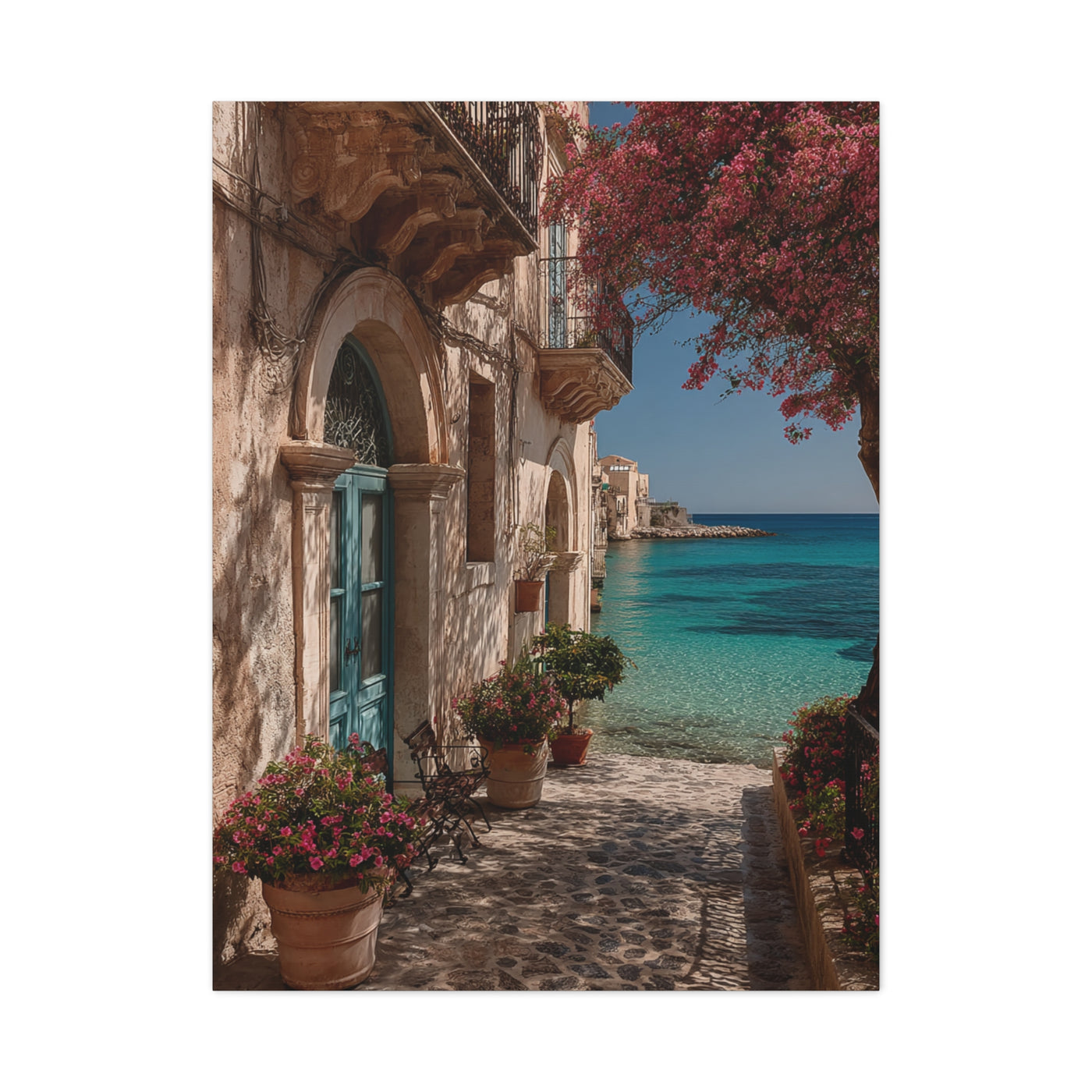 Sicilian Coastal Balcony Scene Wall Art & Canvas Print