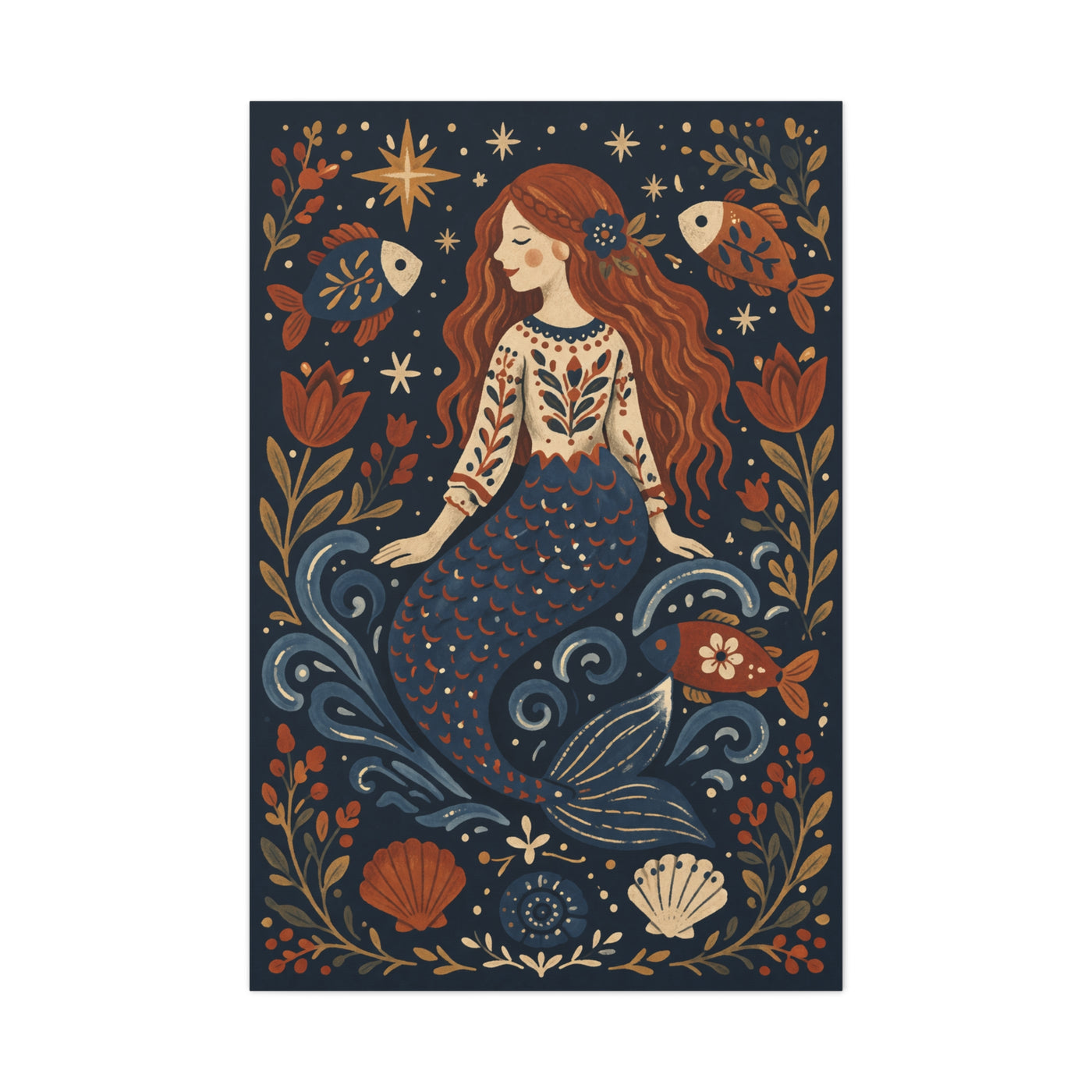 Scandinavian Folk Mermaid Charm Wall Art & Canvas Print