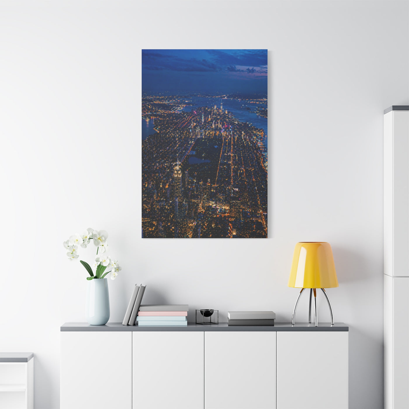 Aerial Manhattan Night Grid Wall Art & Canvas Print