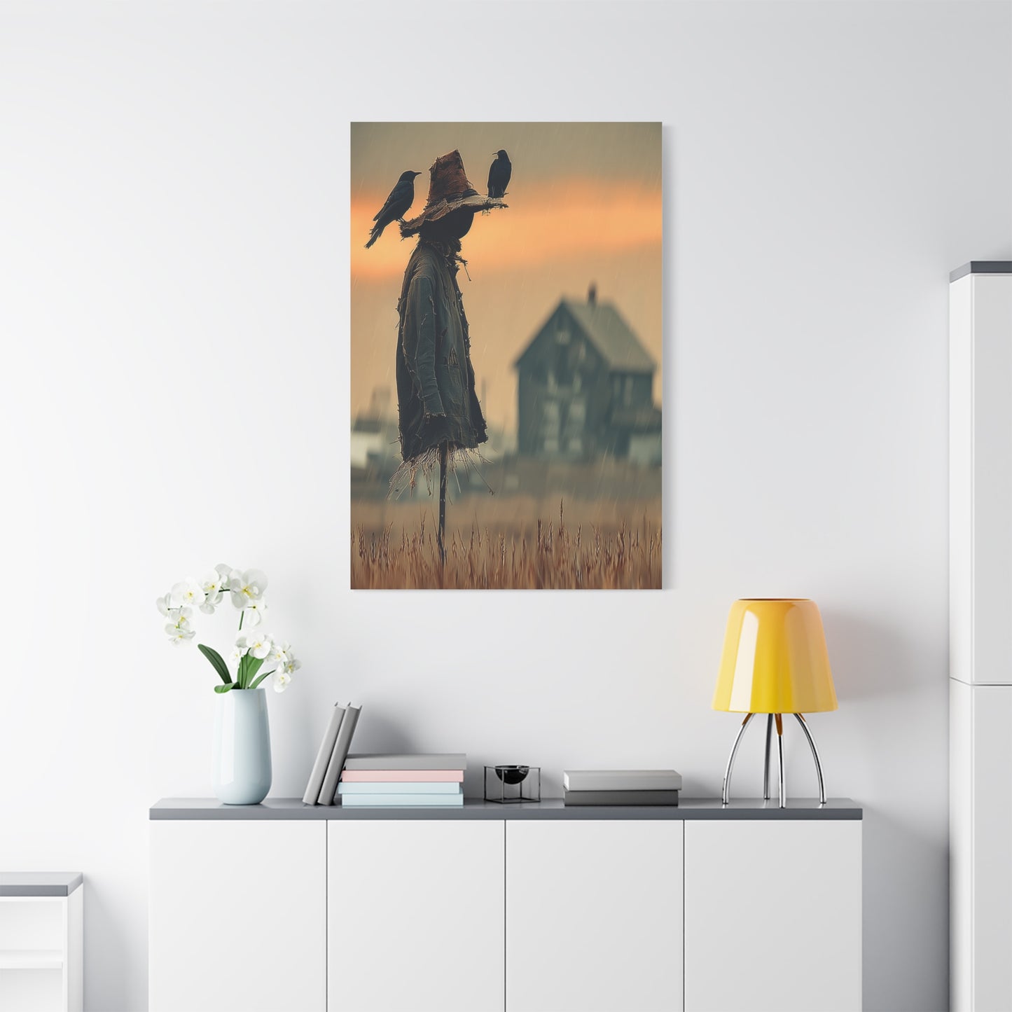 Old Scarecrow in Harvest Field with Crows Wall Art & Canvas Print