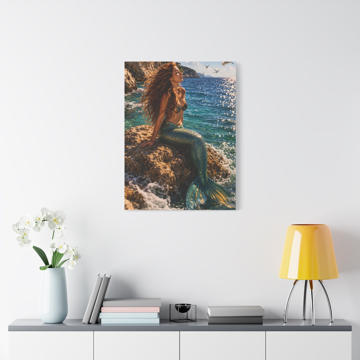 Sunlit Coastal Mermaid Escape Wall Art & Canvas Print